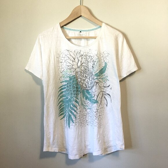 Olsen Europe Whimsical Tropical Pineapple Print Organic Cotton T-shirt - Picture 1 of 12